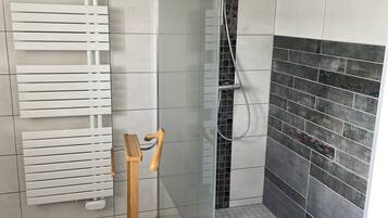 Shower, towels, toilet paper