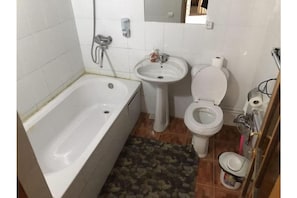 Bathroom features a bathtub, sink, and toilet, with a mirror above the sink.