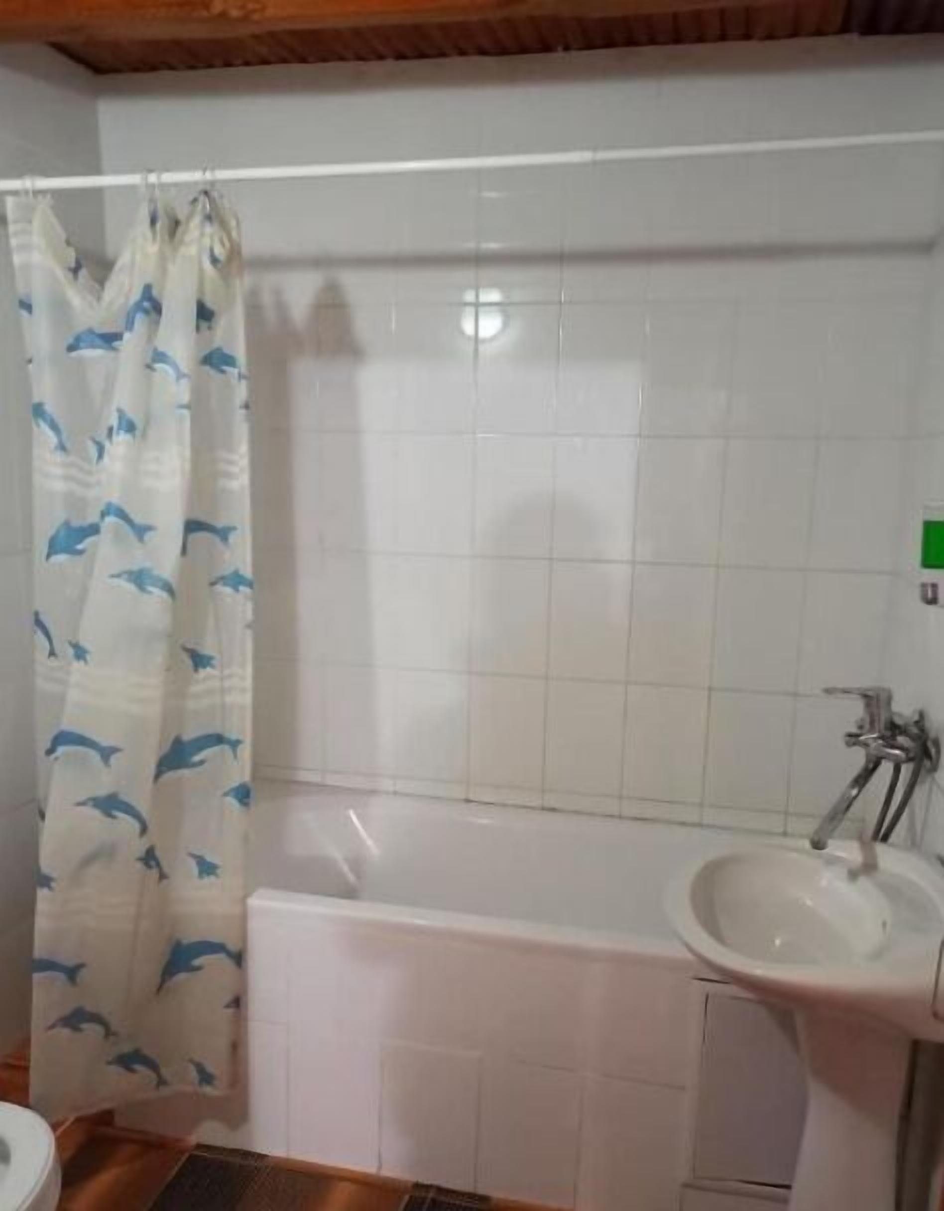 A bathroom with a bathtub, a sink, and a shower curtain with dolphin patterns.
