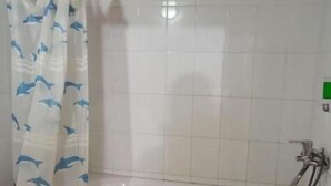 A bathroom with a bathtub, a sink, and a shower curtain with dolphin patterns.