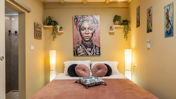 Une chambre à coucher avec un lit, des oreillers, un tableau et des étagères murales ornées de plantes.