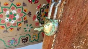A wooden door with a brass padlock and a colorful floral-patterned wall behind it.
