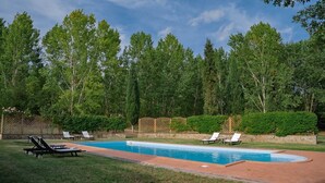 Une piscine rectangulaire dotée d’une terrasse dallée, entourée d’une pelouse et d’arbres.
