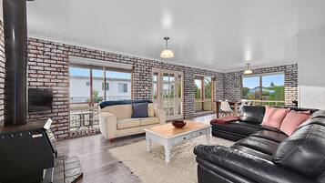 Smart TV, fireplace, DVD player, books