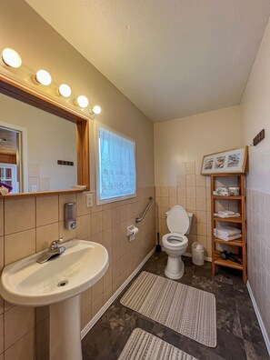 Combined shower/bathtub, hair dryer, towels, soap
