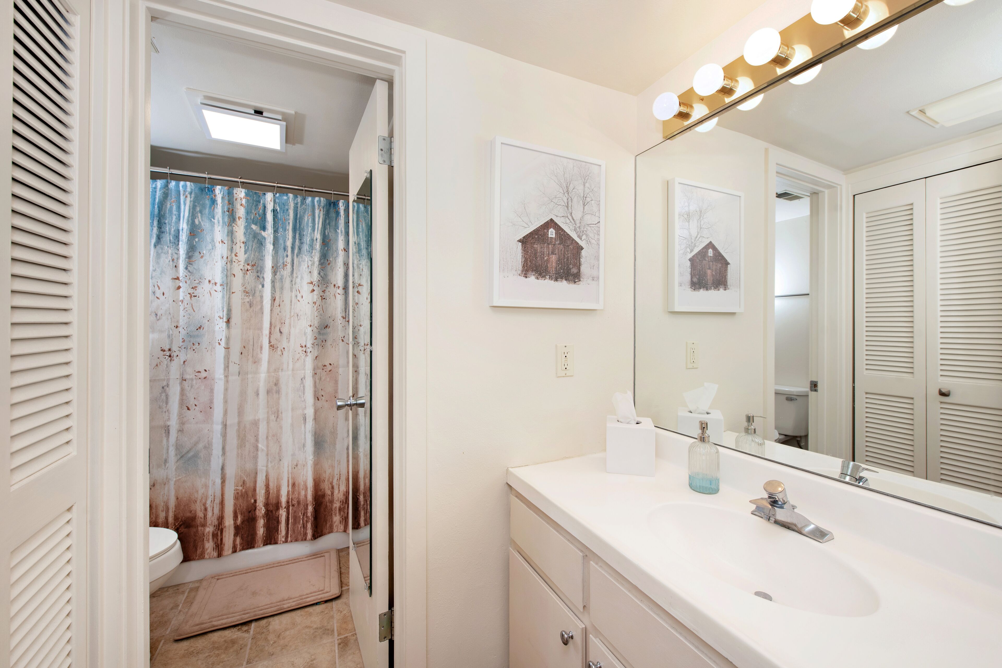 Une salle de bain avec un rideau de douche, un lavabo, un miroir avec éclairage et deux tableaux encadrés accrochés au mur.