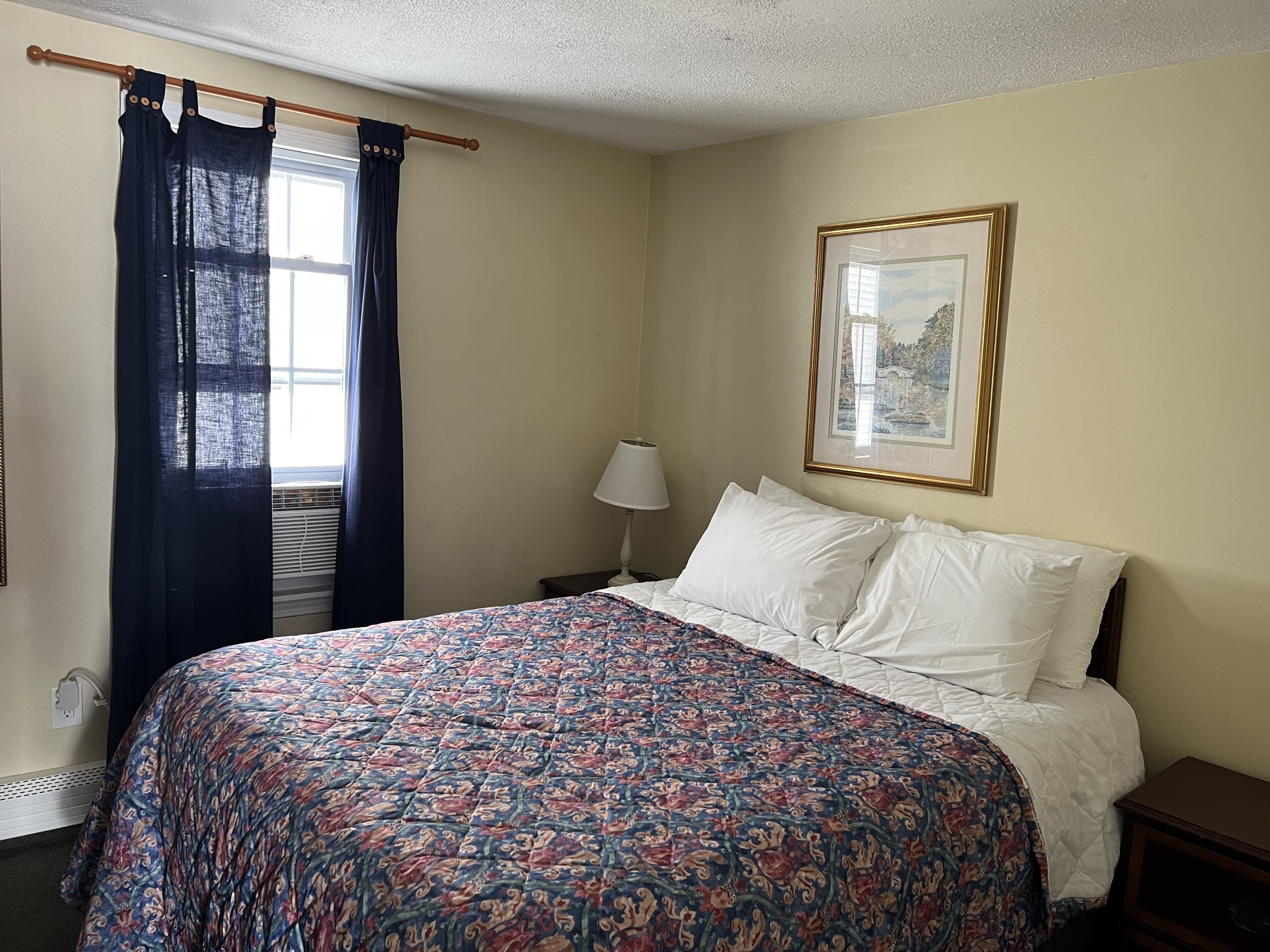 A hotel room with a bed, a nightstand, a lamp, a window with curtains, and a framed picture on the wall.