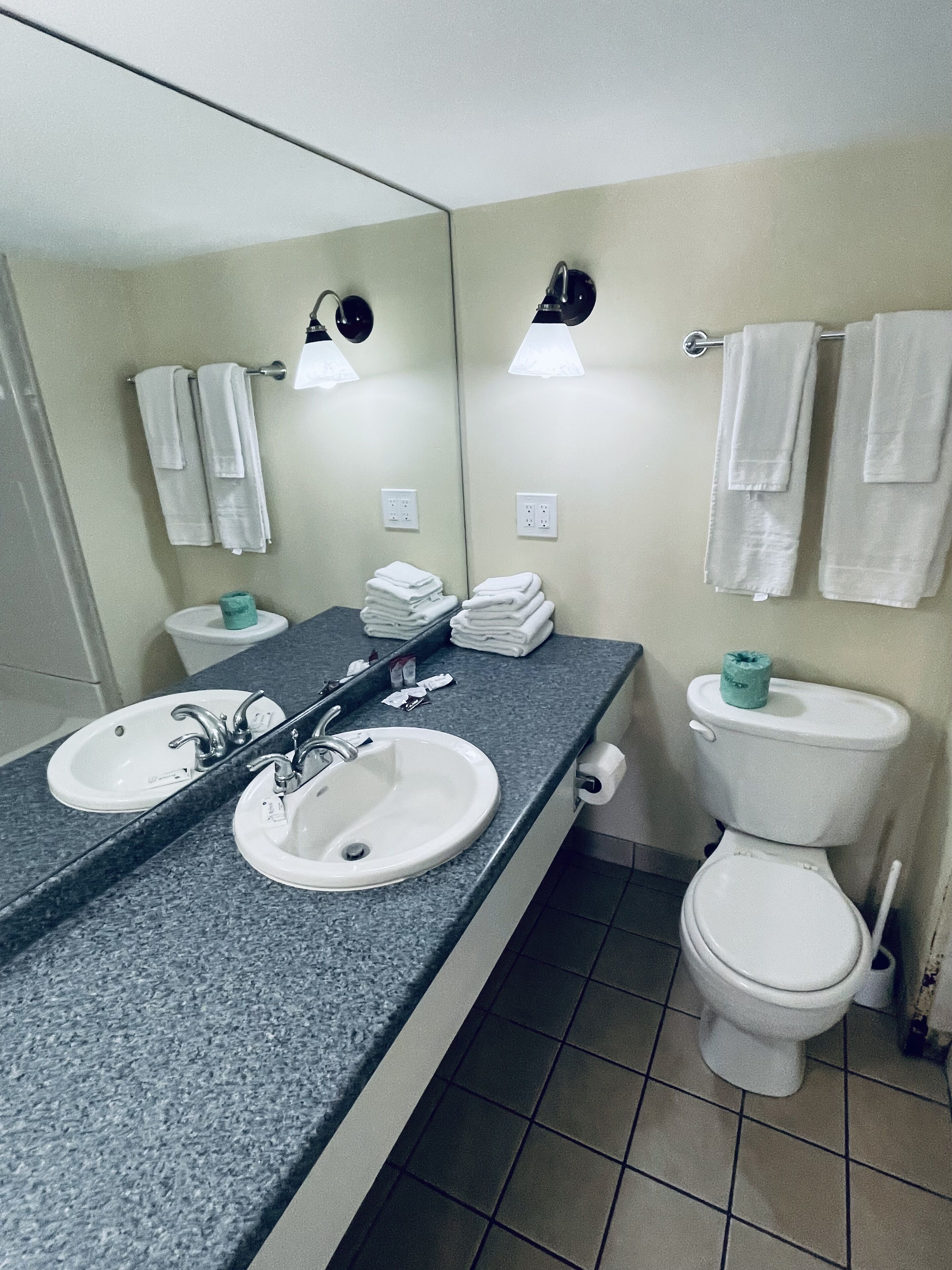 A bathroom with two sinks, a toilet, and a mirror. There are towels hanging on the wall and a toilet paper holder.