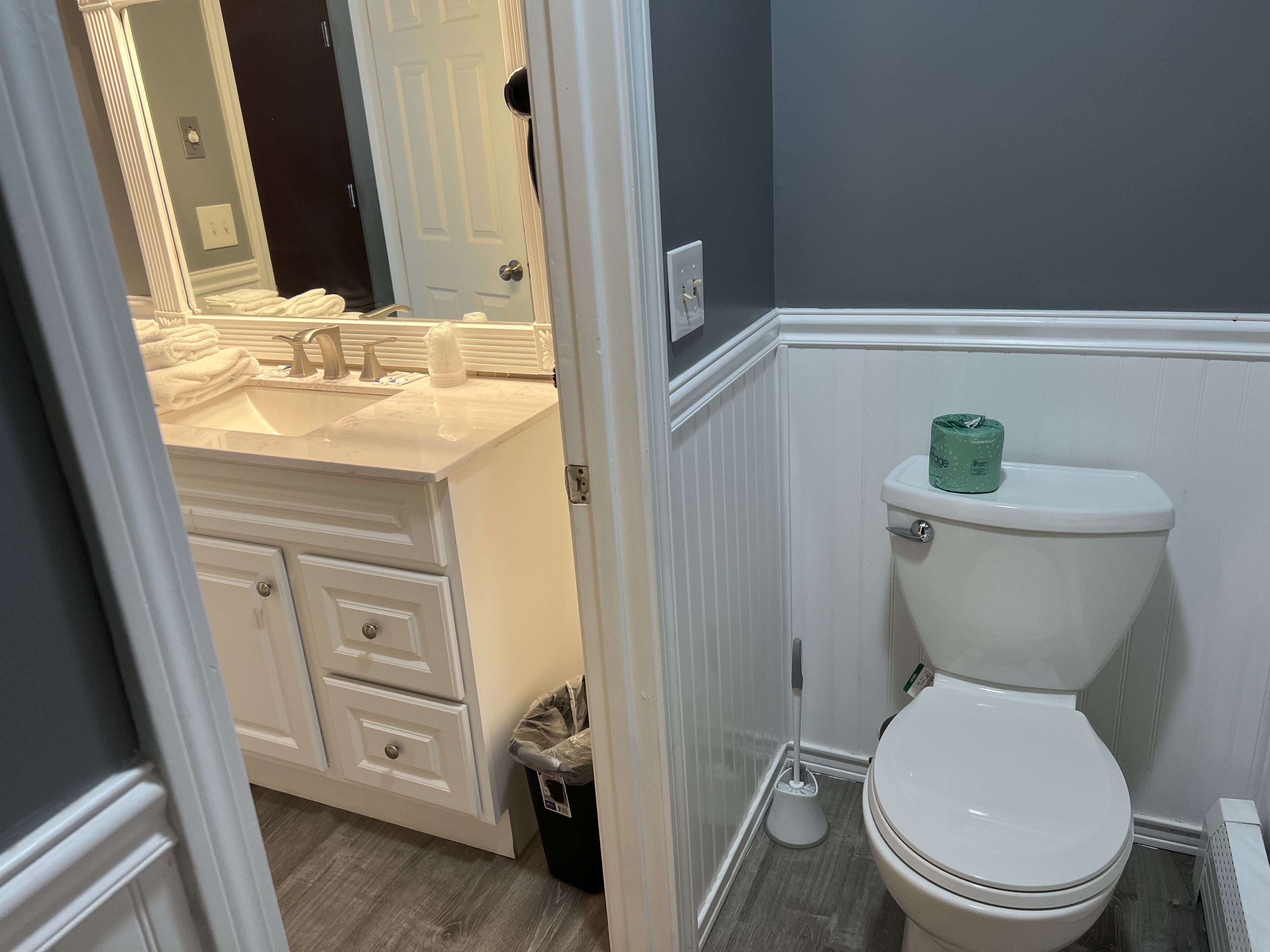 A bathroom with a white toilet, a sink with a mirror, and a trash can.