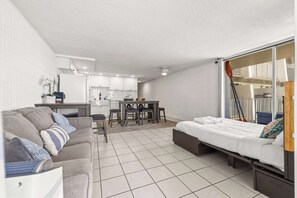 1 bedroom, desk, iron/ironing board, travel crib