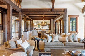 Smart TV, fireplace, books, offices