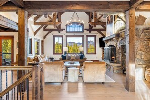 Smart TV, fireplace, books, offices