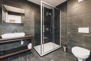 Dusche, Haartrockner, Handtücher, Seife