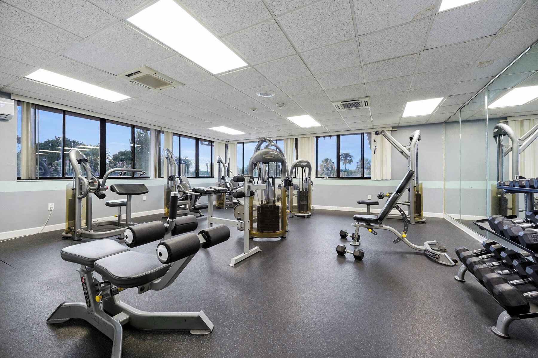 A gym with various exercise equipment, large windows, and a clean, modern design.