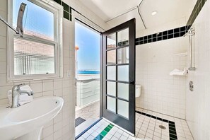 Combined shower/tub, hair dryer, towels, shampoo