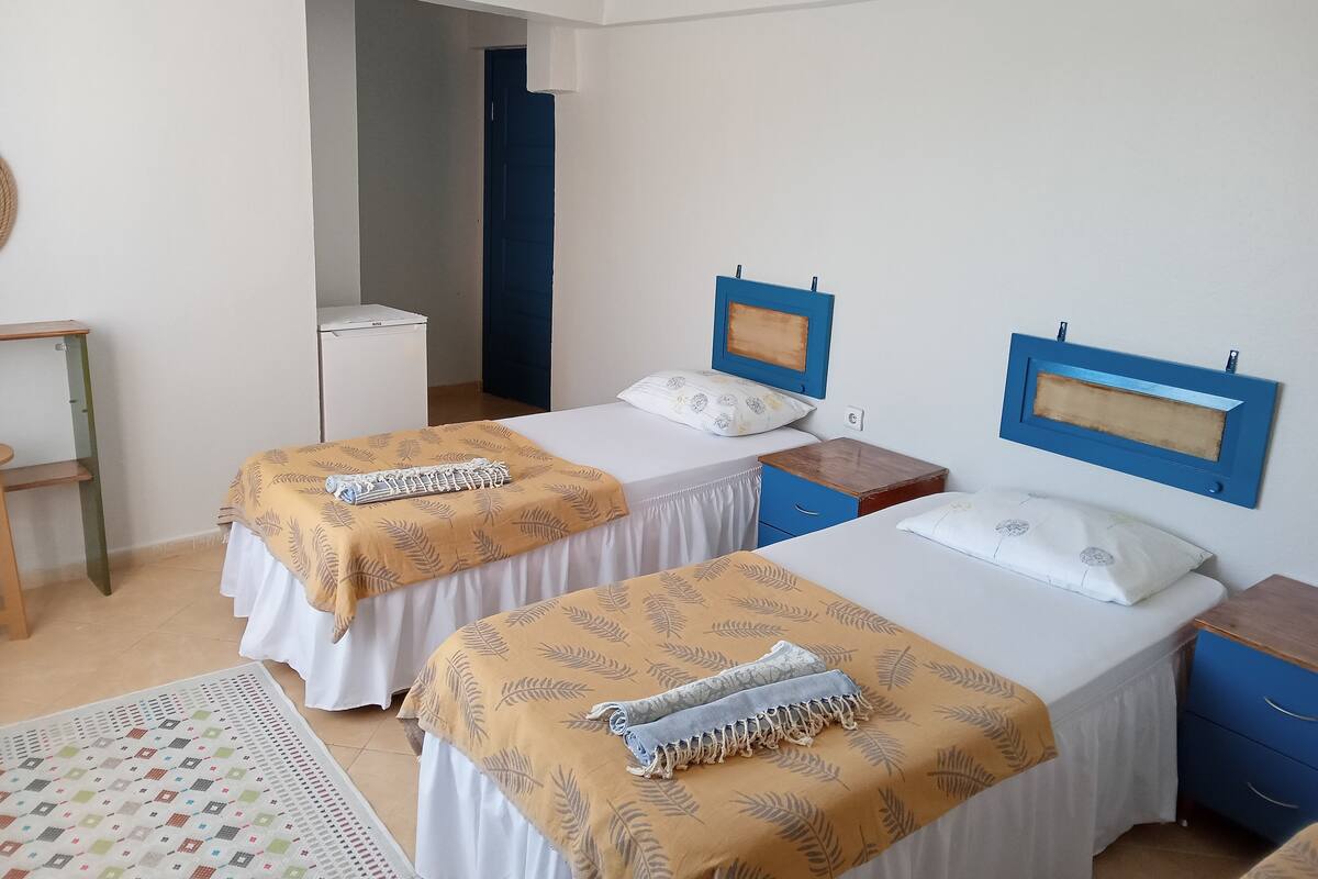 A room with two beds, each with a headboard and a bedside table. There is a desk with a chair, a small rug, and a door leading to another room.