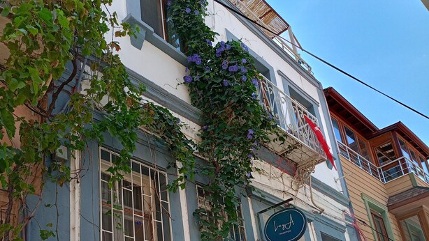 A building with a white facade, a blue window frame, and a sign with "Vera" on it. - Ayvalık Leya Pansiyon (Ayvalik)