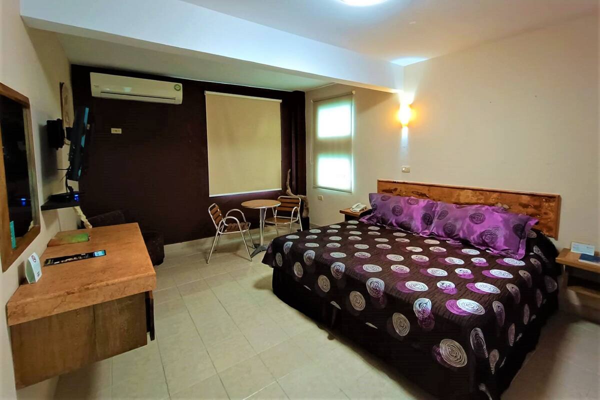 Una habitación de hotel con cama, escritorio, silla, televisor y ventana.