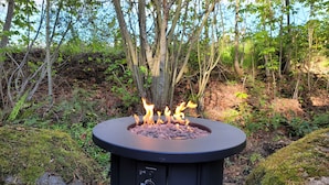A circular outdoor fire pit with flames, surrounded by greenery and trees. - RV Glamping in the Heart of Downtown Eatonville with a Mountain View (Eatonville)