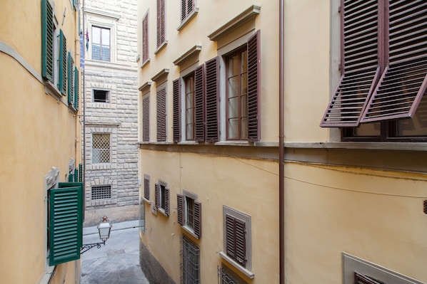 A narrow alleyway between buildings with multiple windows and shutters.