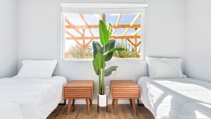 A bedroom with two single beds, a large window with a wooden trellis, and a potted plant in the center.