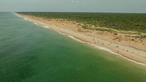 Luchtbeeld van een strand met een zandstrand, een bebost gebied en een heldere lucht.