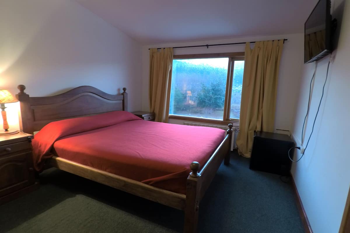 A bedroom with a wooden bed, a nightstand, a lamp, a window with curtains, and a TV mounted on the wall.