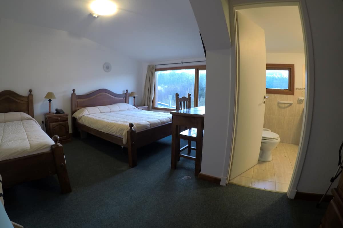 A bedroom with two beds, a desk, and a window.