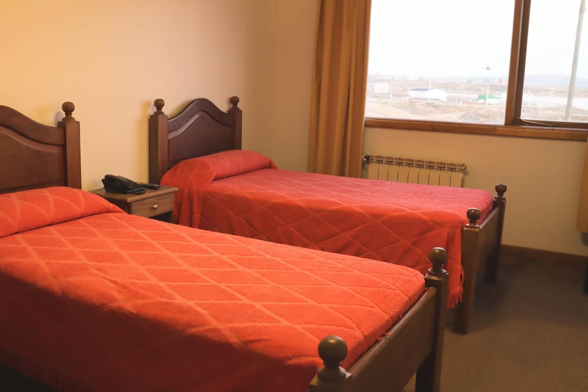 Two single beds with wooden headboards and red bedding in a room with a window and a radiator.