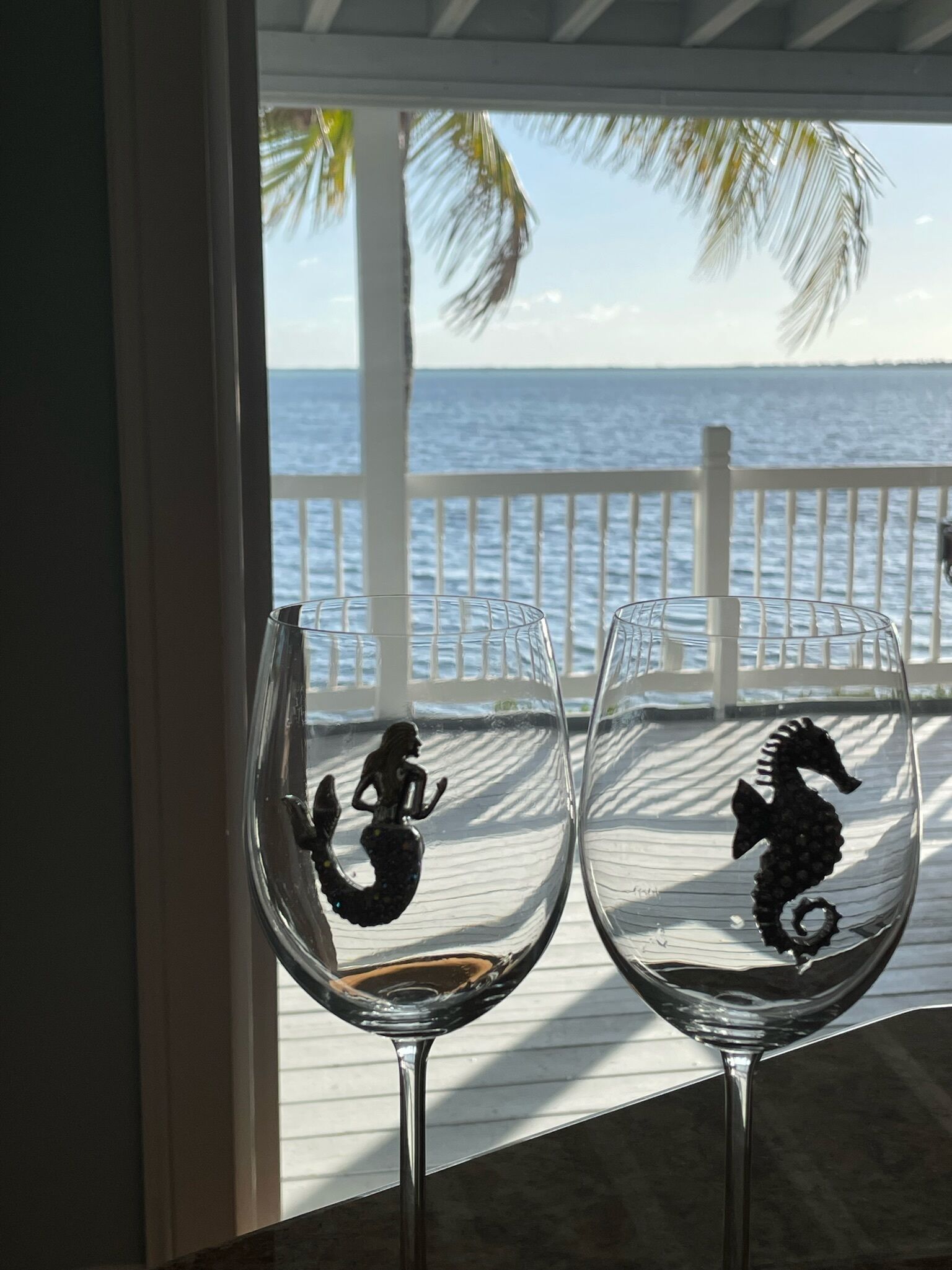 Two wine glasses with seahorse designs on a balcony overlooking the ocean.