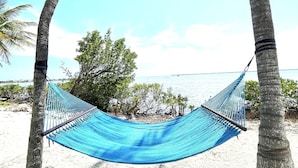 Una hamaca entre palmeras en una playa arenosa con vista al océano.