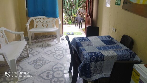 Een kamer met een witte plastic bank, een tafel met een blauw-wit geruit tafelkleed, en een deur die leidt naar een buitenruimte met een cactus en een hond.