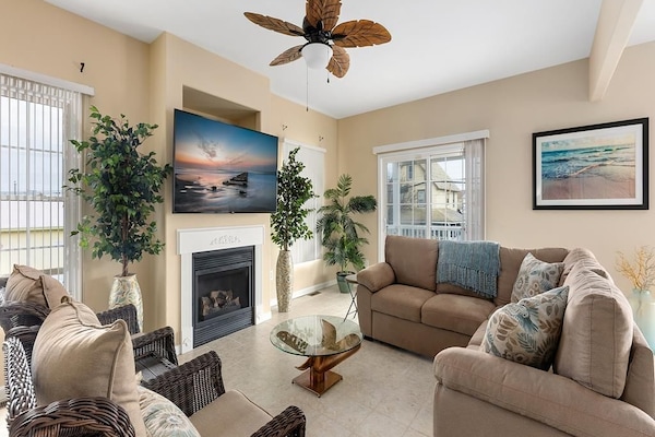 Smart TV, fireplace, books