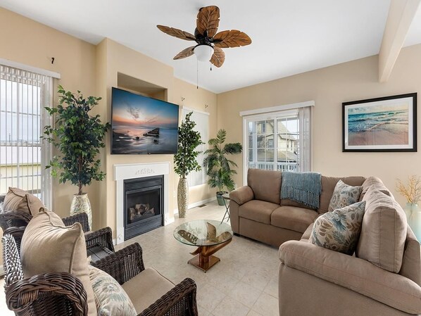 Smart TV, fireplace, books