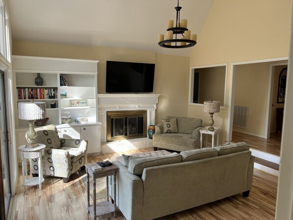 Smart TV, fireplace, books