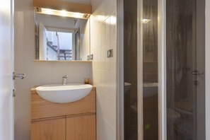 Shower, hair dryer, bidet, towels