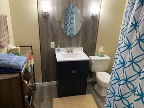 Combined shower/bathtub, towels, soap, toilet paper