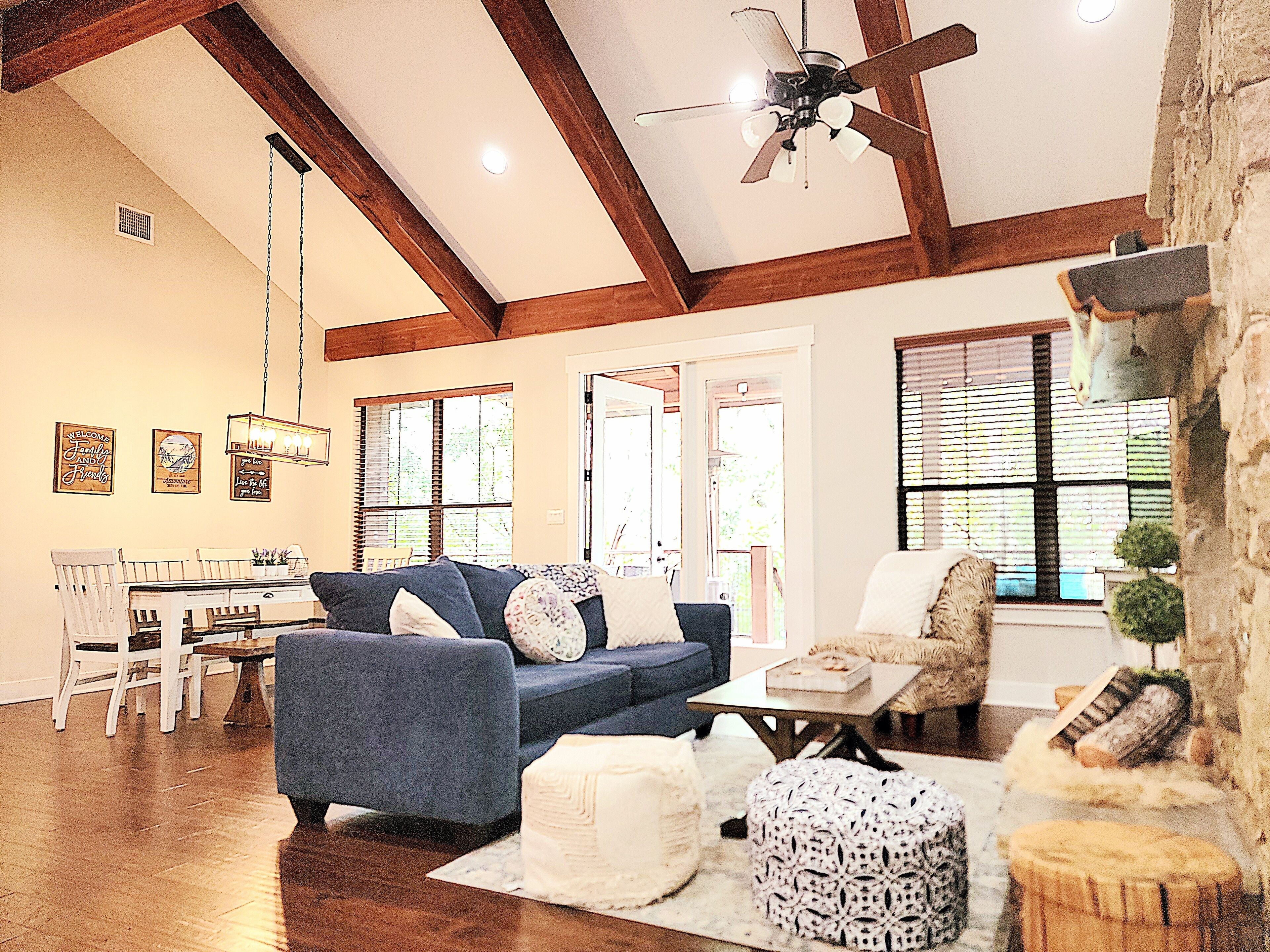 Smart TV, fireplace, books