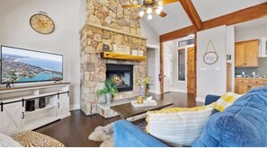 Smart TV, fireplace, books