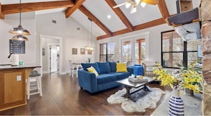 Smart TV, fireplace, books