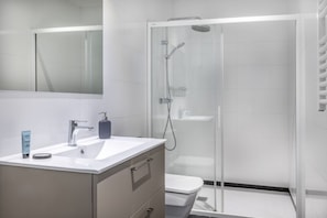 Shower, hair dryer, shampoo, toilet paper