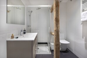 Dusche, Haartrockner, Shampoo, Toilettenpapier