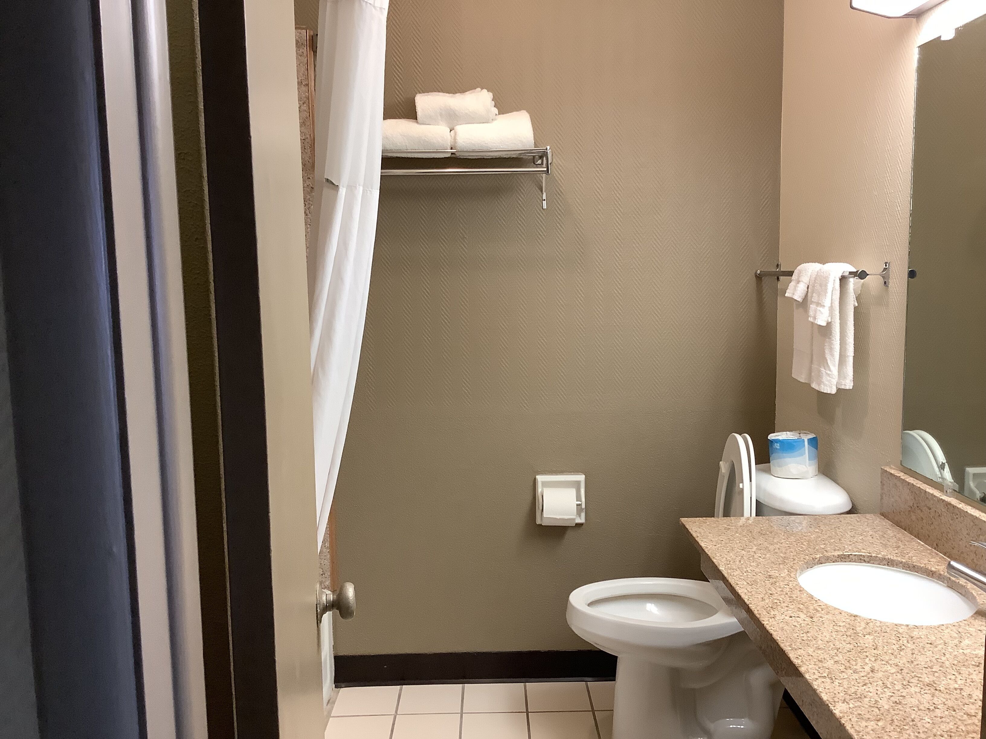 Un baño con inodoro, lavamanos, toallero y cortina de ducha.