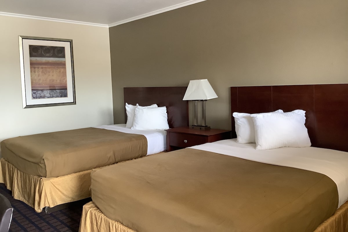 A hotel room with two beds, a nightstand with a lamp, and a framed picture on the wall.