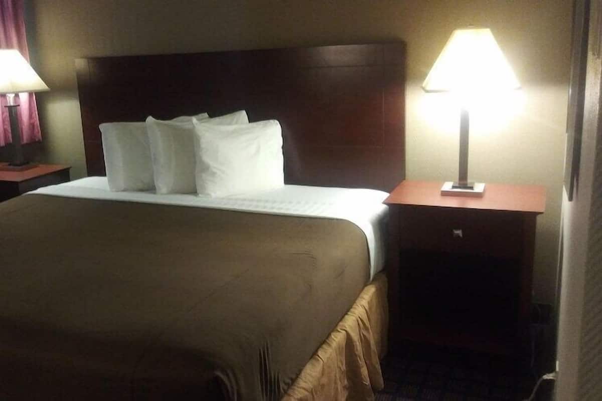 A hotel room with a large bed, two bedside tables, and lamps.