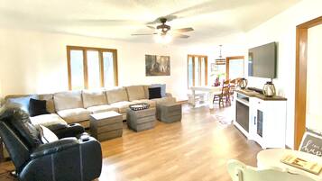 Smart TV, fireplace, DVD player, books