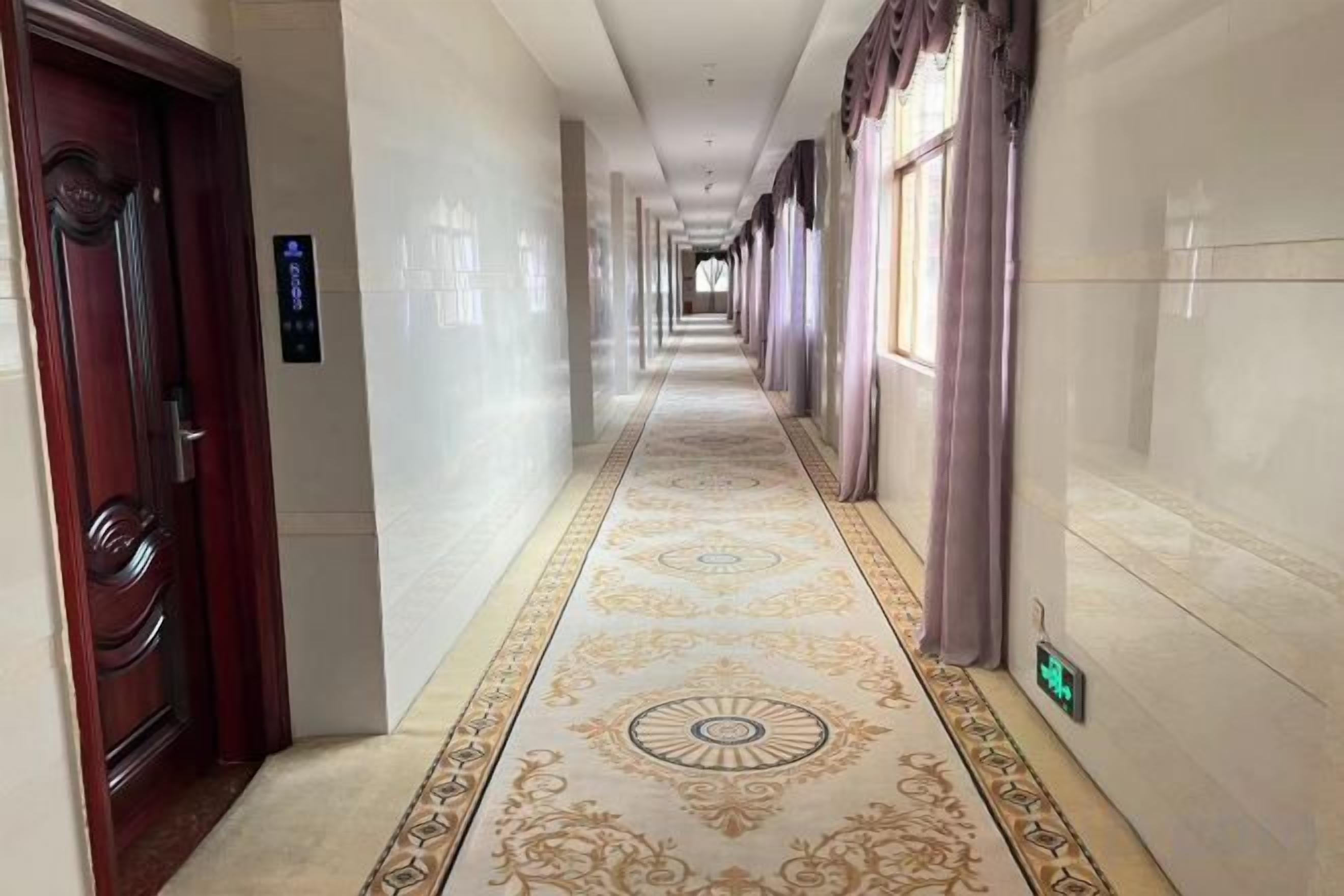 Un couloir d’hôtel avec un tapis à motifs, des portes et un long couloir.