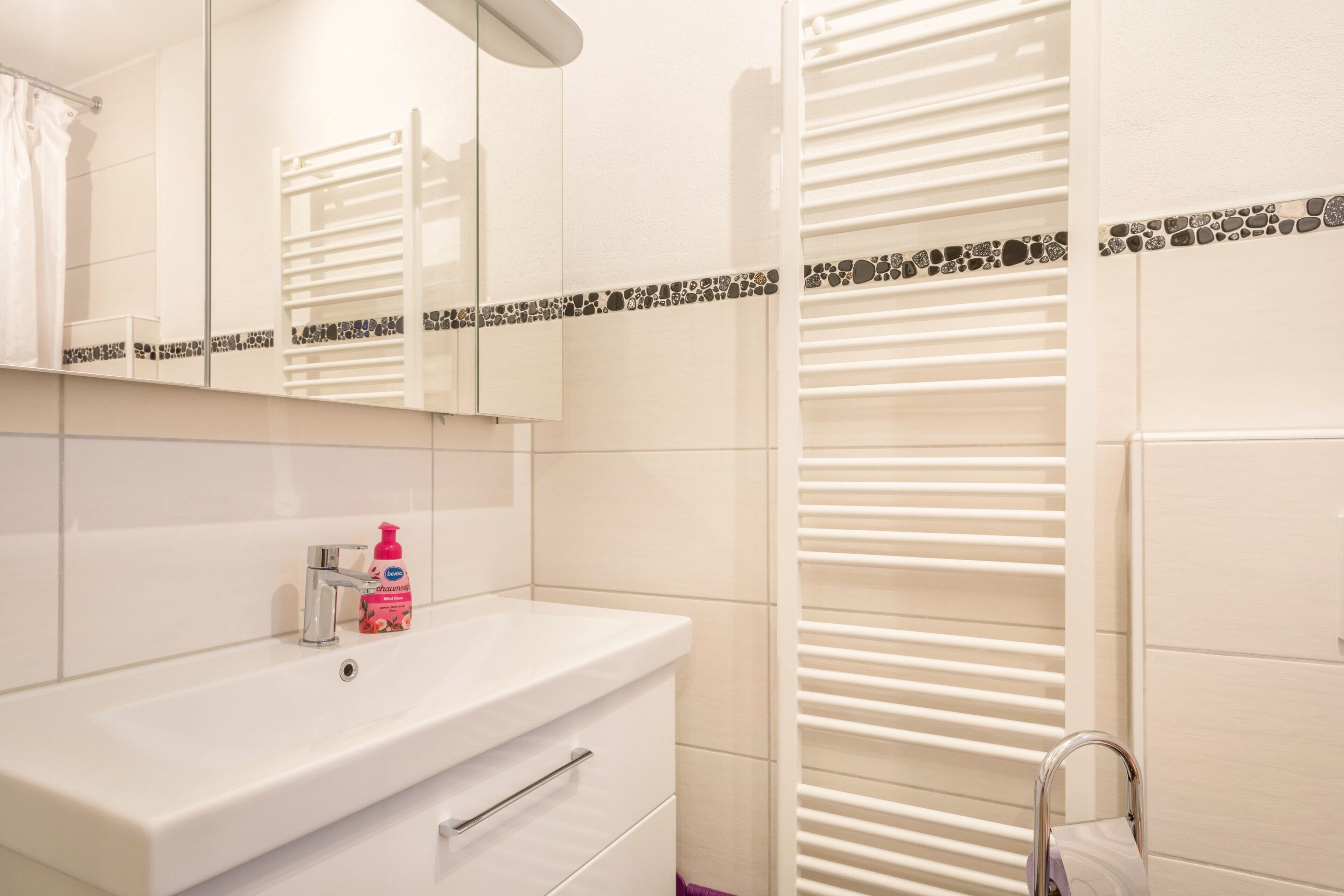 Ein Badezimmer mit Waschbecken, Spiegel, Handtuchhalter und Duschbereich.
