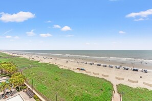Une plage avec un espace piscine, des parasols et un ciel dégagé.