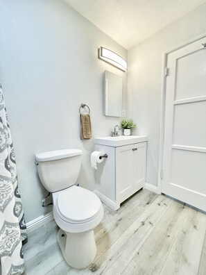 Tina con regadera, secadora de cabello, toallas, jabón 